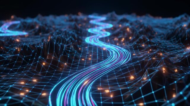 Futuristic Digital Terrain with Glowing Data Stream 4K Generative AI