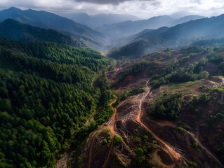 Obraz premium Aerial landscape view showing deforestation and forest contrast with green woodland