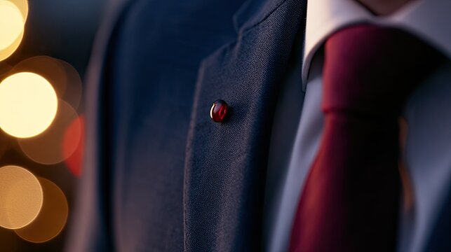 Elegant lapel pin on a dark suit with a red tie and bokeh