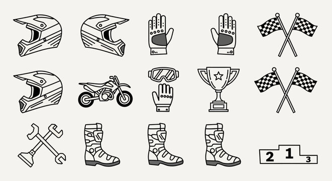 Motocross Gear and Accessories Collection Hand Drawn Style.