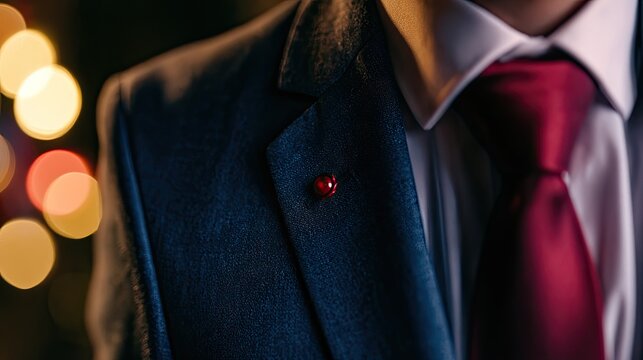 A close-up of a dark suit lapel with a red ladybug pin, featuring a red tie and blurry lights