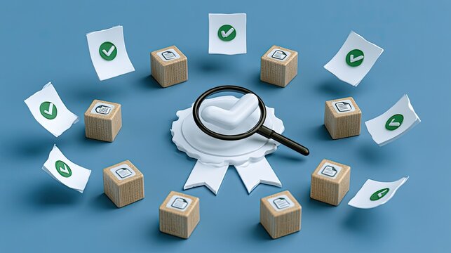 A seal of approval, magnifying glass over checkmark, surrounded by wooden blocks