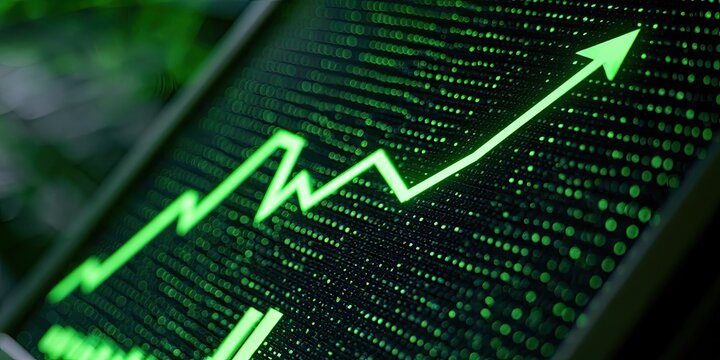 A bright green upward trend line graphs across a dark, pixelated screen