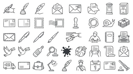 Collection of postal and communication icons, including envelopes, stamps, quills, and mail carriers, representing correspondence and delivery services. © handaka