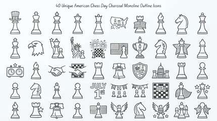 Collection of 60 unique American Independence Day themed chess piece outline icons, perfect for graphic design projects. © handaka