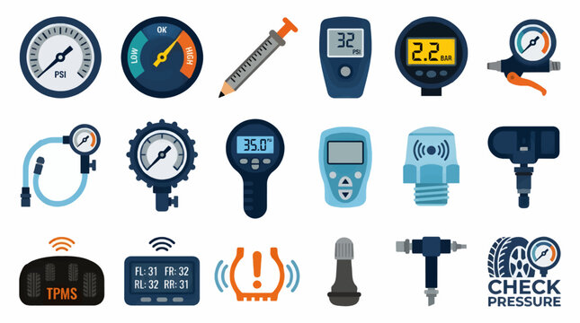 Flat Vector Icons Set of Tire Pressure Gauges and TPMS Sensors, Digital and Analog Devices, Car Maintenance Tools, White Background