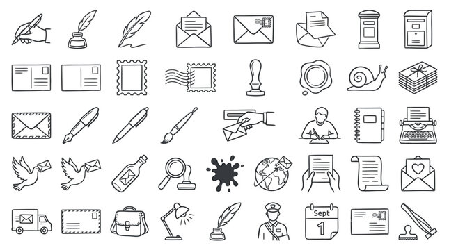 Collection of postal and communication icons, including envelopes, stamps, quills, and mail carriers, representing correspondence and delivery services.