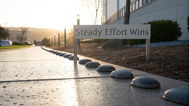 Inspirational Sign on Sidewalk with Morning Light Showing Motivation and Determination in Journey Towards Success