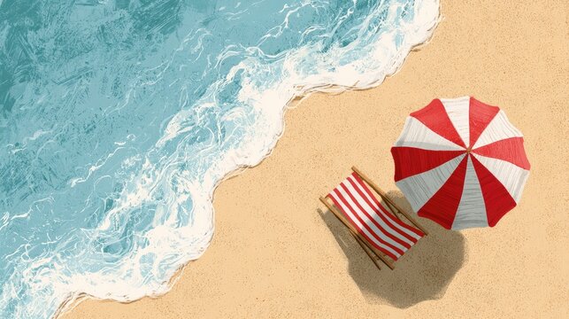 Gentle waves wash over a sandy beach with a striped umbrella and chair