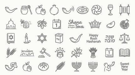 Collection of Rosh Hashanah and Jewish holiday icons, symbols, and greetings in a clean, hand-drawn style. © handaka