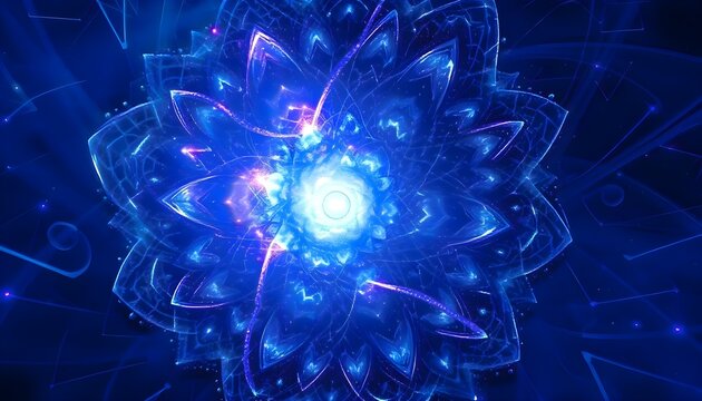 Beautiful minimalist computer generated digital illustration of pristine glowing fantasy blue flower blossom