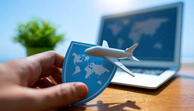 Shield with airplane and world map, laptop and plant