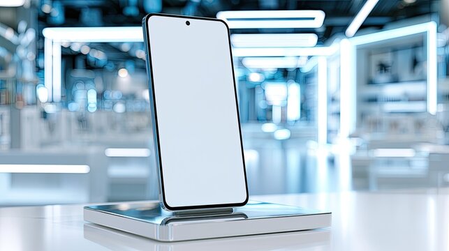 Sleek, modern smartphone display on a reflective stand, blurred tech store background