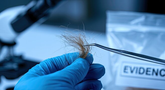 Forensic science a gloved hand holds hair evidence with tweezers