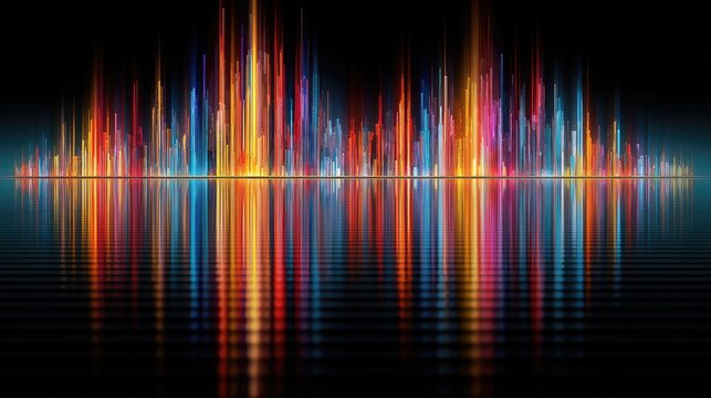 Vibrant, abstract sound wave visualization with colorful vertical lines reflecting