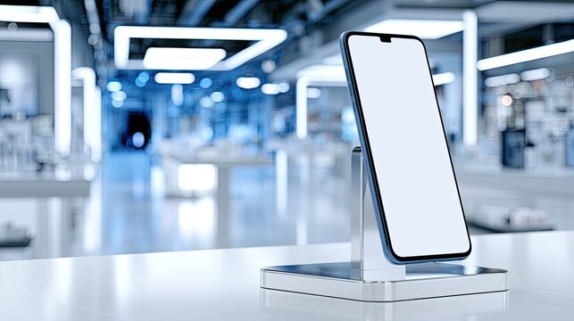 Sleek smartphone on display stand in brightly lit, modern retail electronics store