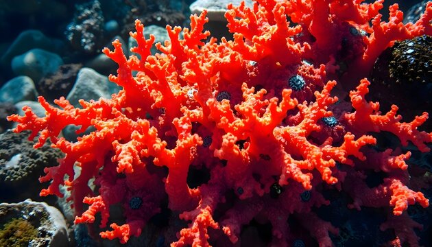 Beautiful vibrant orange marine coral organism growing naturally out of rugged deep ocean sea rocks