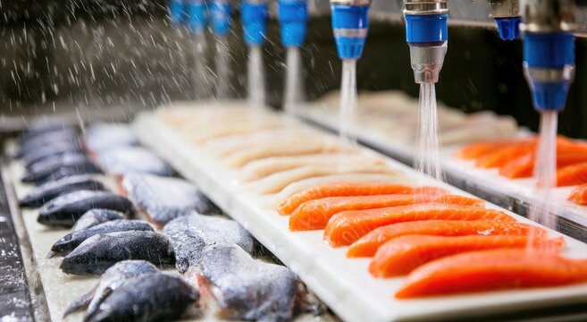 Fresh fish fillets undergo cleaning and processing on a conveyor belt