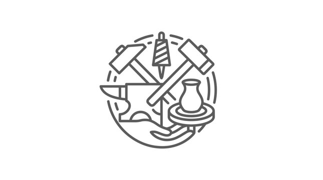 Professional Monochrome Line Drawing of Construction and Mining Tools Set on a Globe Icon with high quality professional line art symbols for modern creative design and digital branding projects