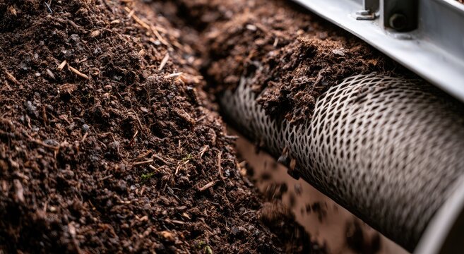 Close-up of organic material being processed through a rotating screen