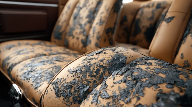 Weathered, peeling upholstery on vintage vehicle seats