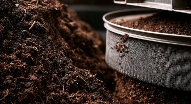 Close-up of sifted soil and organic matter in a metal sieve