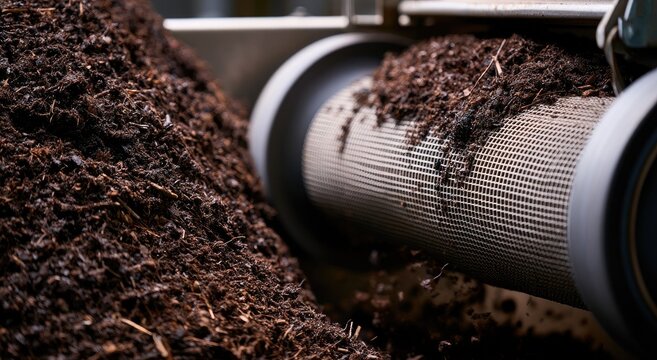 Rich, dark organic material processed by industrial machinery