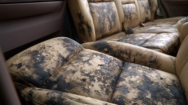 Interior vehicle seats covered in dried mud and debris