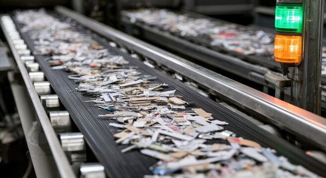 Conveyor belt transports sorted, shredded materials in industrial recycling facility