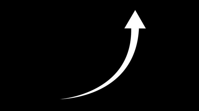 Bold white arrow sweeping in a steep upward curve pointing to the top right black background & 4k video.