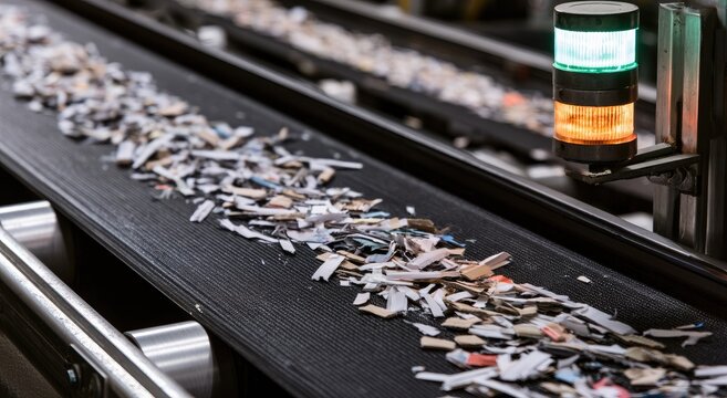 Debris moves on a conveyor belt with a signaling light
