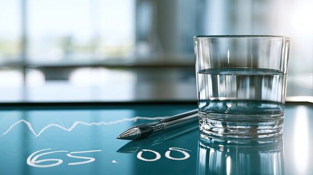 Clear glass of water on a table with a financial graph and stylus