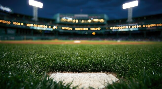 Lush green baseball field at night with stadium lights and blurred crowd