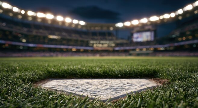 Illuminated stadium at twilight, focusing on home plate and field