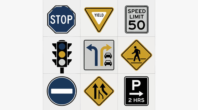 Flat Vector Icon Set of Traffic and Road Signs, Including Stop, Yield, Speed Limit, Traffic Light, Lane Merge, Pedestrian Crossing, No Entry, and Parking Signs