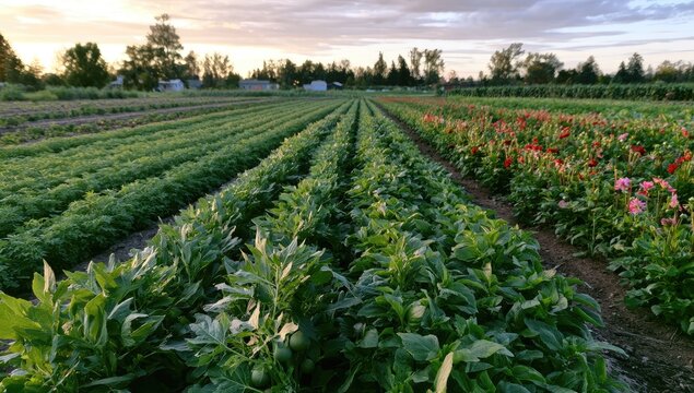 Rows of vibrant green crops and colorful blooming flowers in a field