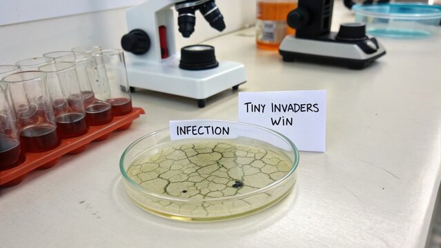 Laboratory Experiment Showing Infection with Cracked Agar and Microscopy Equipment in Background