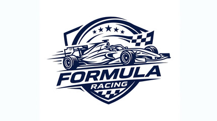 Formula Racing Emblem with Speeding Car and Checkered Flag © Zazi