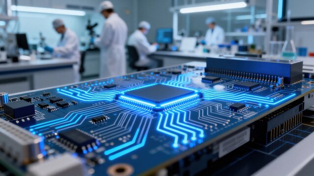 Circuit board in lab with scientists