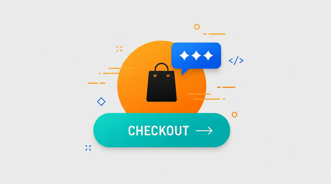 Shopping bag icon rests above a checkout button to indicate an e-commerce purchase process on a website.