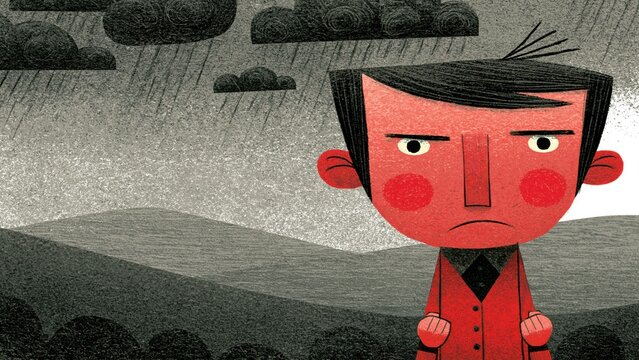 Grumpy boy in red coat stands under heavy rain clouds.
