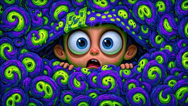 Frightened child peeks out from mass of swirling purple eyes.