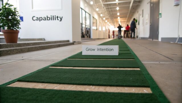 Pathway with Green Carpet and Sign Promoting Growth and Intention in a Modern Office Environment