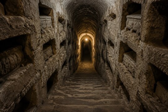Narrow stone staircase descending into dimness, burial niches lining walls.