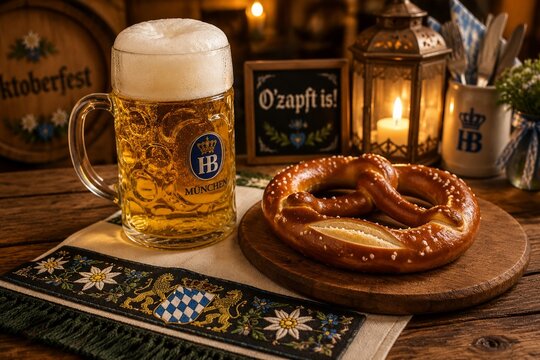 Foamy beer mug, soft pretzel, trachten scarf placemat on rustic table, Oktoberfest celebration.