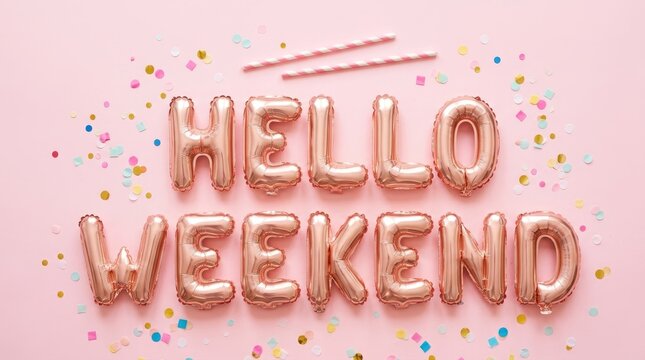 Rose gold foil balloon letters spelling out the phrase hello weekend surrounded by colorful confetti on a soft pastel pink background, flat lay view