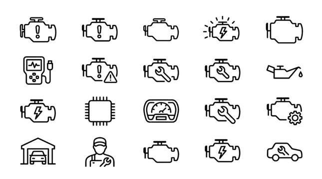 Check Engine Light Vector Icon Set Featuring Car Motor Maintenance Diagnostic Warning Symbols and Automotive Repair Service Indicators
