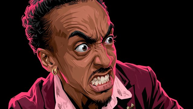 Furious Black man bares teeth in aggressive pink lighting.