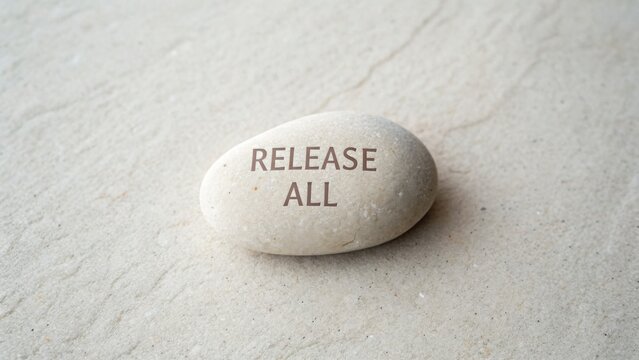 Smooth stone with the inspiring message "Release All" engraved on the surface, resting on a textured background