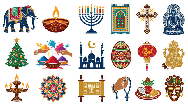 Flat Vector Global Religious and Cultural Symbols Icon Collection for World Spirituality and Holidays